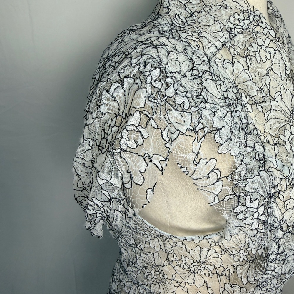 Black and white Floral Lace Button Peplum Blouse Cap Sleeve, romantic Victorian, - Picture 6 of 11